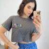 Cropped Feminino Eloá com Pedrarias e Aplicações Cinza Escuro - Fernanda Ramos Store