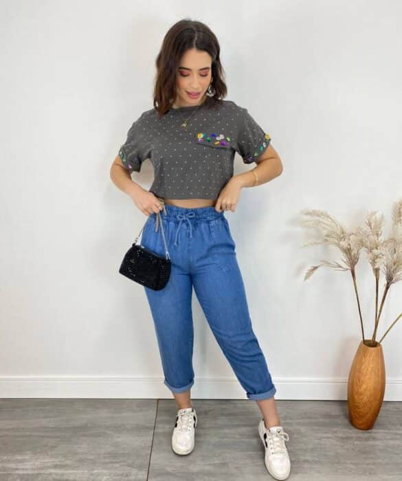 Cropped Feminino Eloá com Pedrarias e Aplicações Cinza Escuro - Fernanda Ramos Store