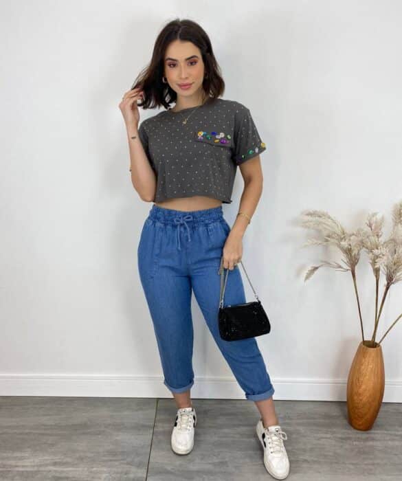 Cropped Feminino Eloá com Pedrarias e Aplicações Cinza Escuro - Fernanda Ramos Store