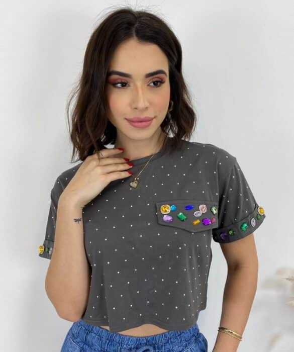 Cropped Feminino Eloá com Pedrarias e Aplicações Cinza Escuro - Fernanda Ramos Store