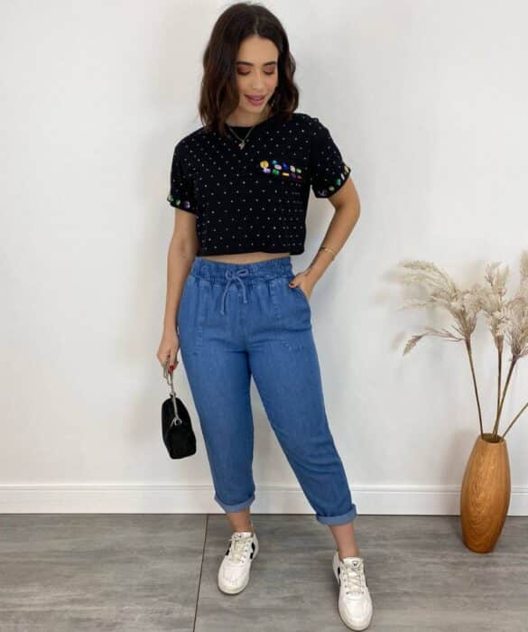 Cropped Feminino Eloá com Pedrarias e Aplicações Preto - Fernanda Ramos Store