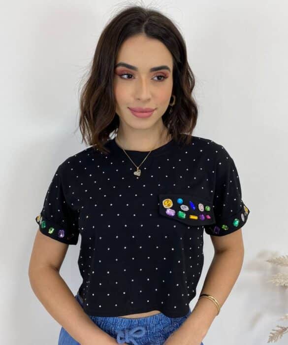 Cropped Feminino Eloá com Pedrarias e Aplicações Preto - Fernanda Ramos Store