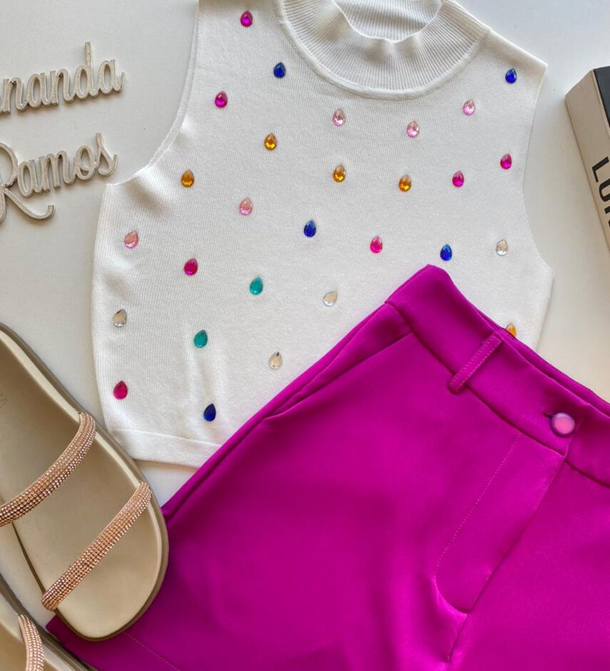 Cropped Feminino Modal Amanda com Aplicações Branca - Fernanda Ramos Store