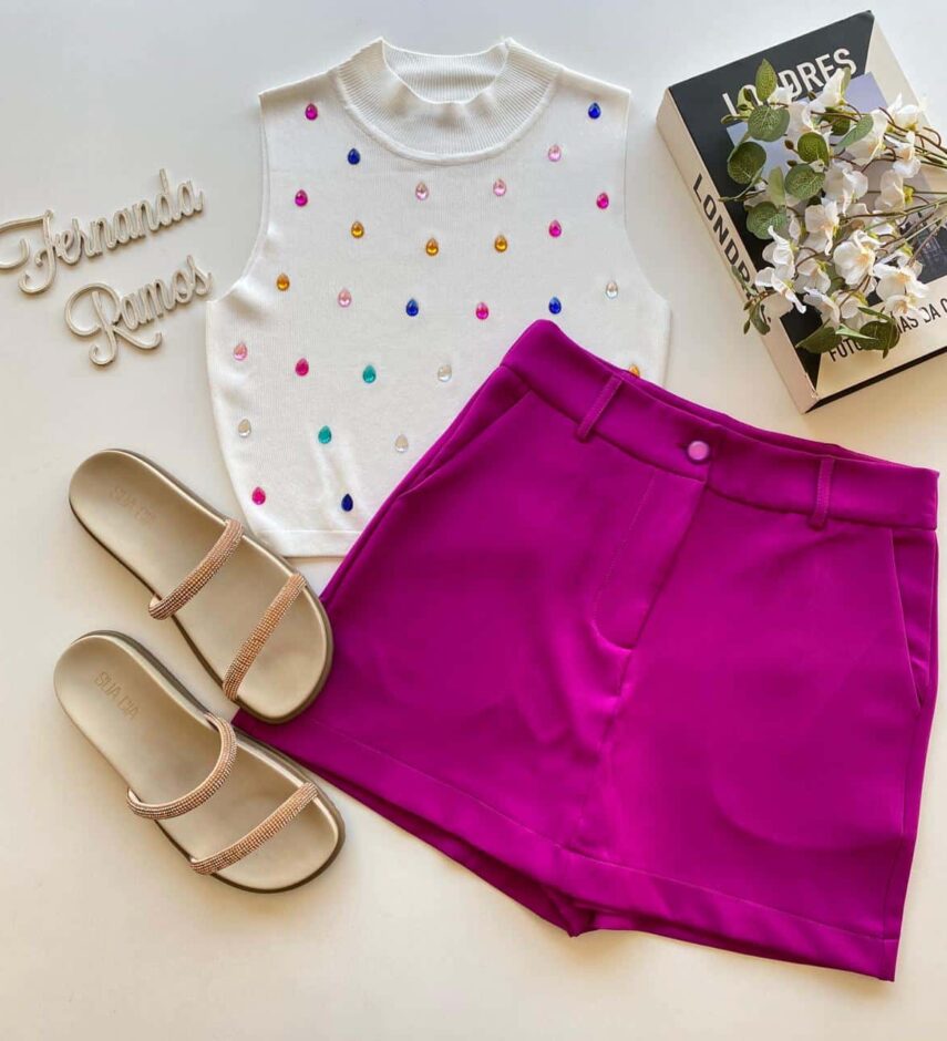 Cropped Feminino Modal Amanda com Aplicações Branca - Fernanda Ramos Store