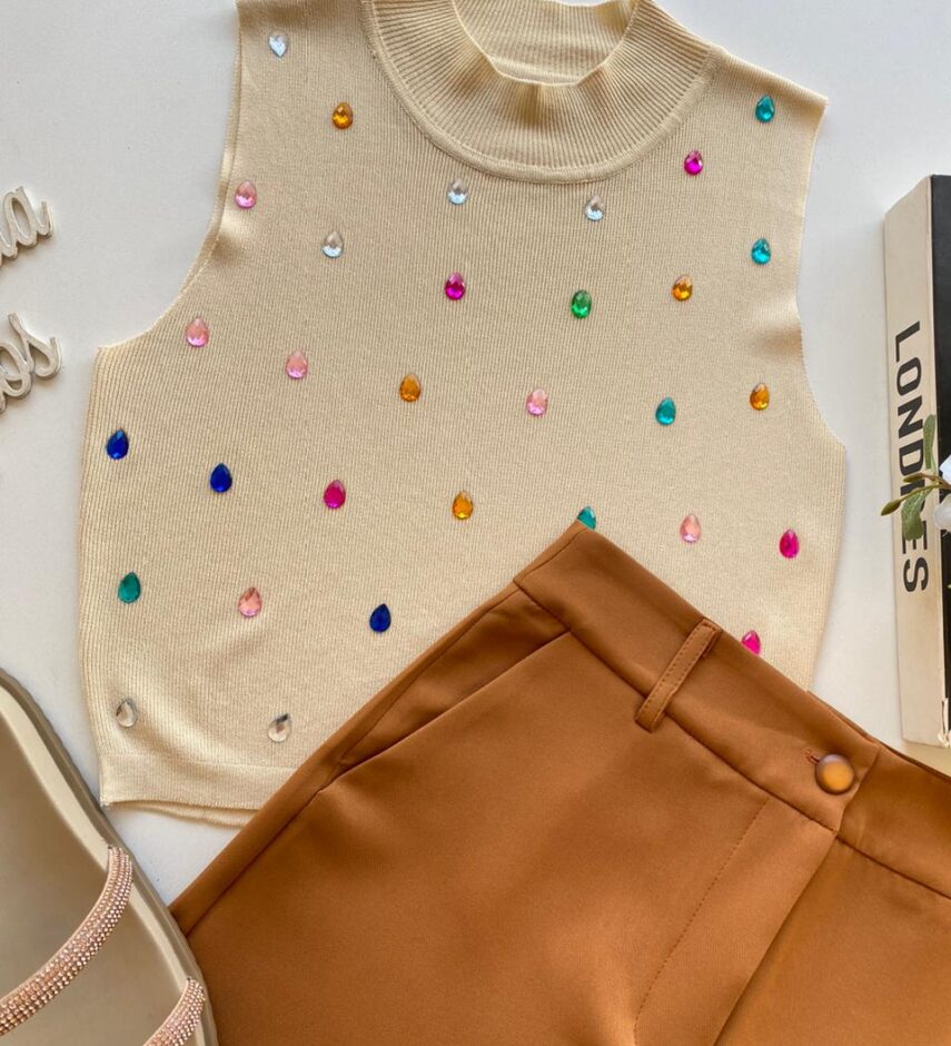 Cropped Feminino Modal Amanda com Aplicações Nude - Fernanda Ramos Store