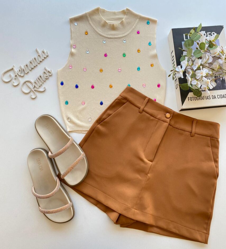 Cropped Feminino Modal Amanda com Aplicações Nude - Fernanda Ramos Store