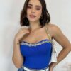 Cropped Feminino Modal Tomara que Caia com Aplicações Azul - Fernanda Ramos Store