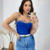 Cropped Feminino Modal Tomara que Caia com Aplicações Azul - Fernanda Ramos Store