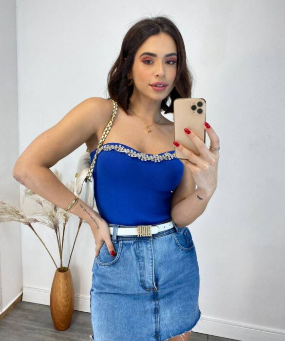 Cropped Feminino Modal Tomara que Caia com Aplicações Azul - Fernanda Ramos Store