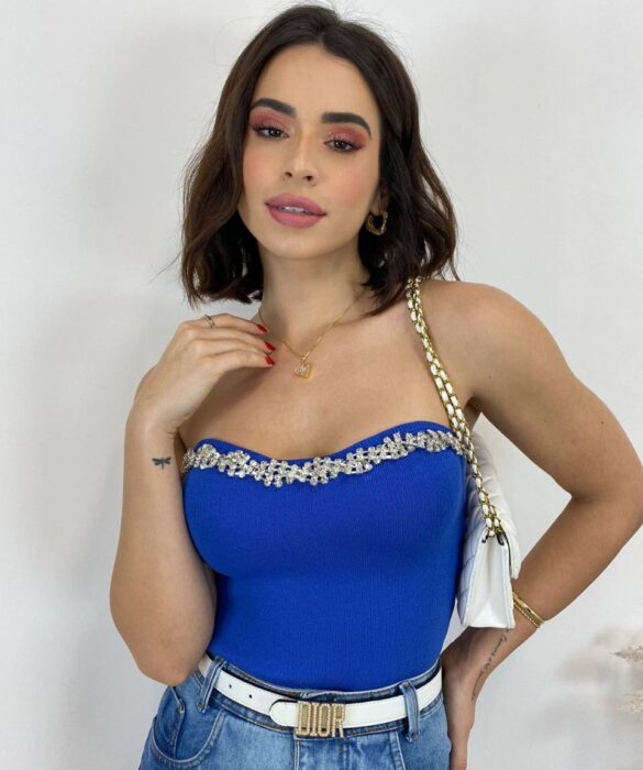 Cropped Feminino Modal Tomara que Caia com Aplicações Azul - Fernanda Ramos Store