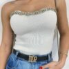 Cropped Feminino Modal Tomara que Caia com Aplicações Branco - Fernanda Ramos Store