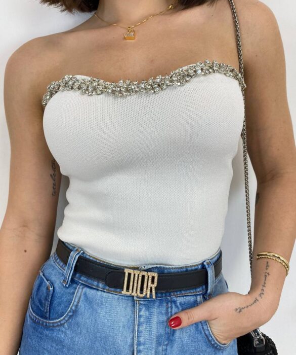 Cropped Feminino Modal Tomara que Caia com Aplicações Branco - Fernanda Ramos Store