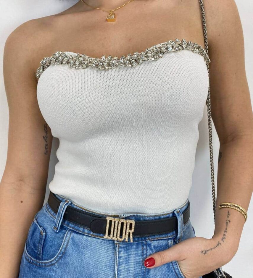 Cropped Feminino Modal Tomara que Caia com Aplicações Branco - Fernanda Ramos Store