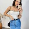 Cropped Feminino Modal Tomara que Caia com Aplicações Branco - Fernanda Ramos Store