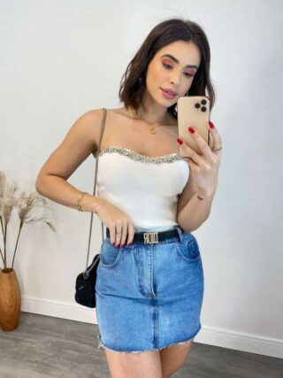 Cropped Feminino Modal Tomara que Caia com Aplicações Branco - Fernanda Ramos Store