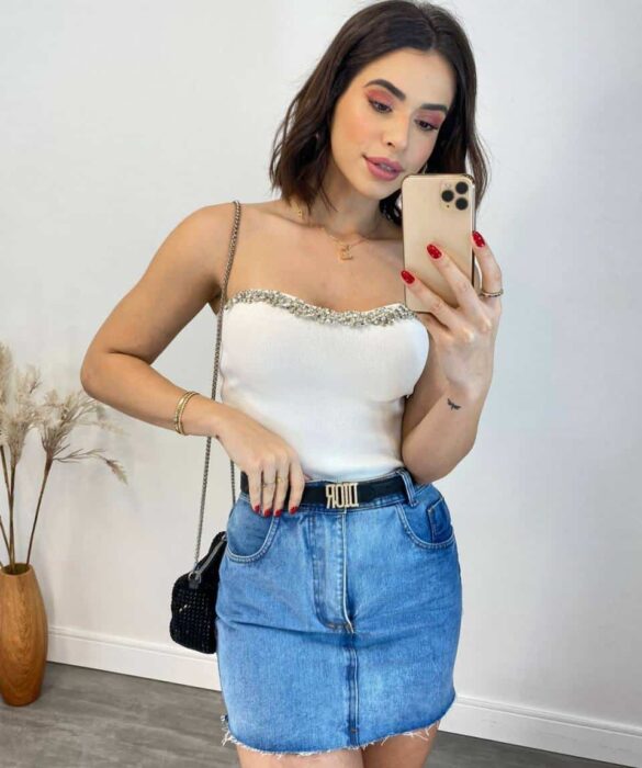 Cropped Feminino Modal Tomara que Caia com Aplicações Branco - Fernanda Ramos Store