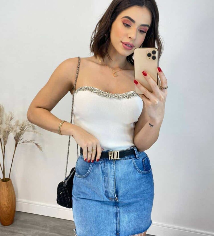 Cropped Feminino Modal Tomara que Caia com Aplicações Branco - Fernanda Ramos Store