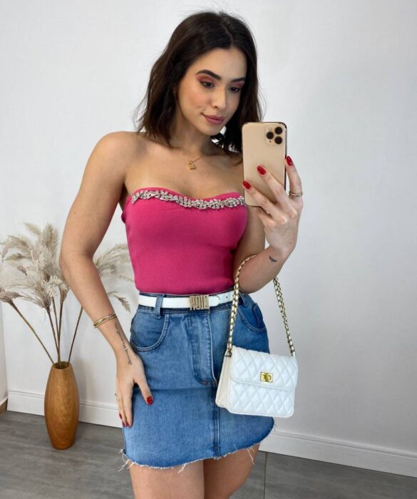 Cropped Feminino Modal Tomara que Caia com Aplicações Pink - Fernanda Ramos Store