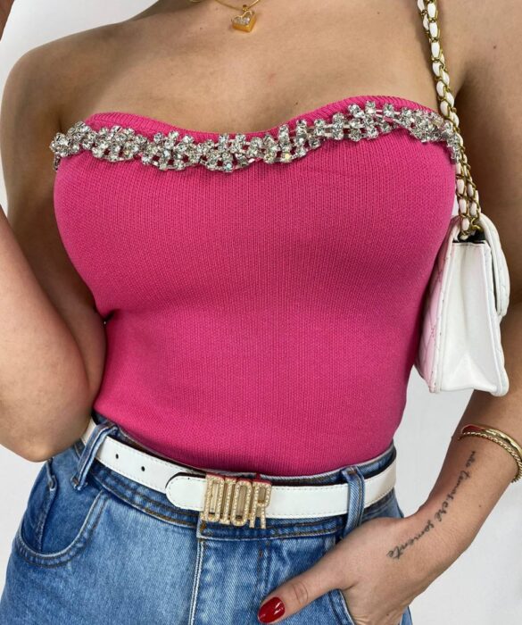 Cropped Feminino Modal Tomara que Caia com Aplicações Pink - Fernanda Ramos Store