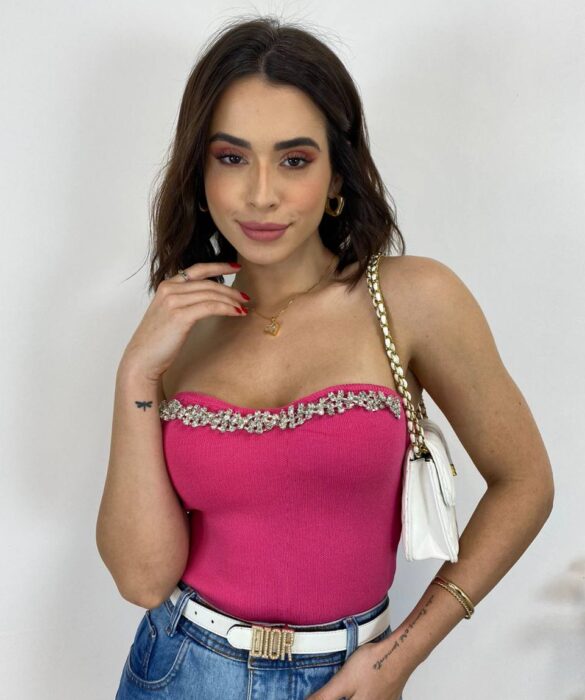 Cropped Feminino Modal Tomara que Caia com Aplicações Pink - Fernanda Ramos Store