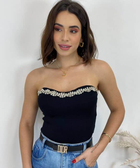 Cropped Feminino Modal Tomara que Caia com Aplicações Preto - Fernanda Ramos Store