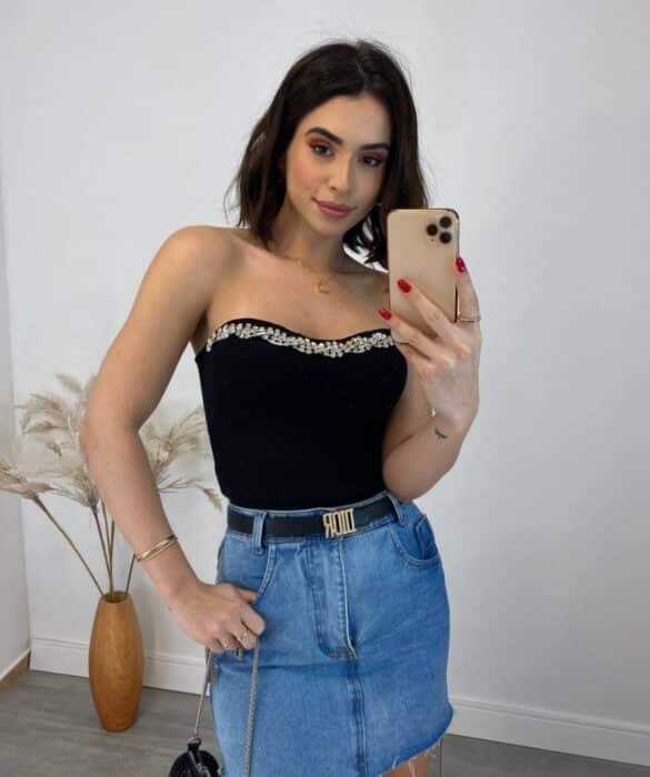 Cropped Feminino Modal Tomara que Caia com Aplicações Preto - Fernanda Ramos Store