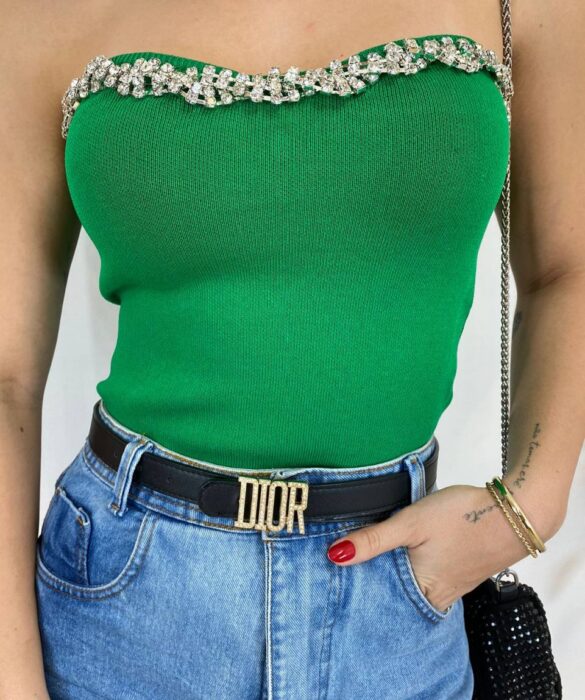 Cropped Feminino Modal Tomara que Caia com Aplicações Verde - Fernanda Ramos Store