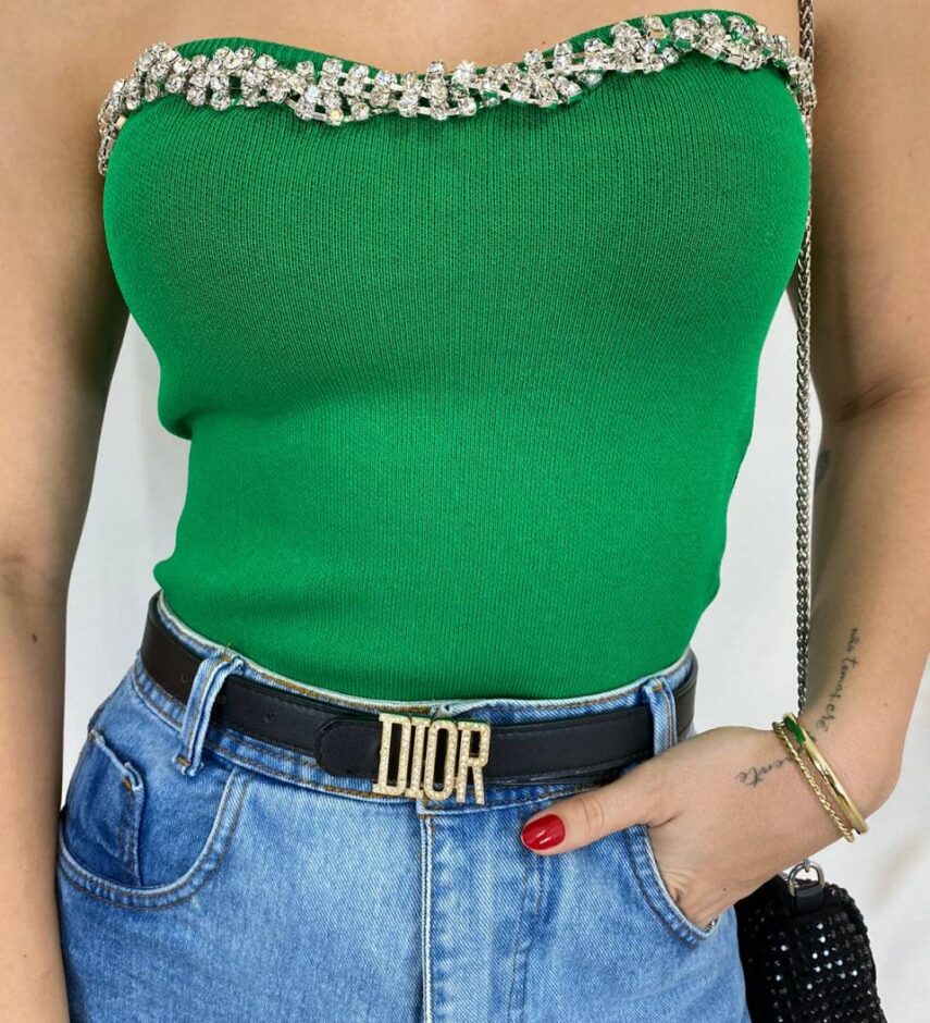 Cropped Feminino Modal Tomara que Caia com Aplicações Verde - Fernanda Ramos Store