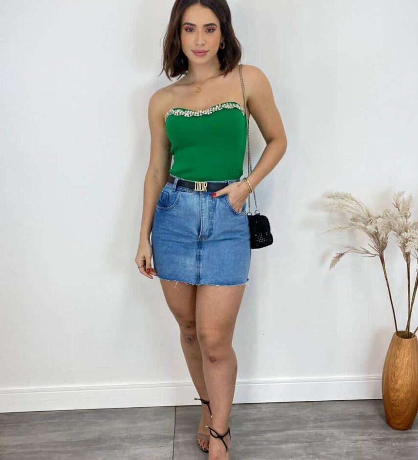 Cropped Feminino Modal Tomara que Caia com Aplicações Verde - Fernanda Ramos Store