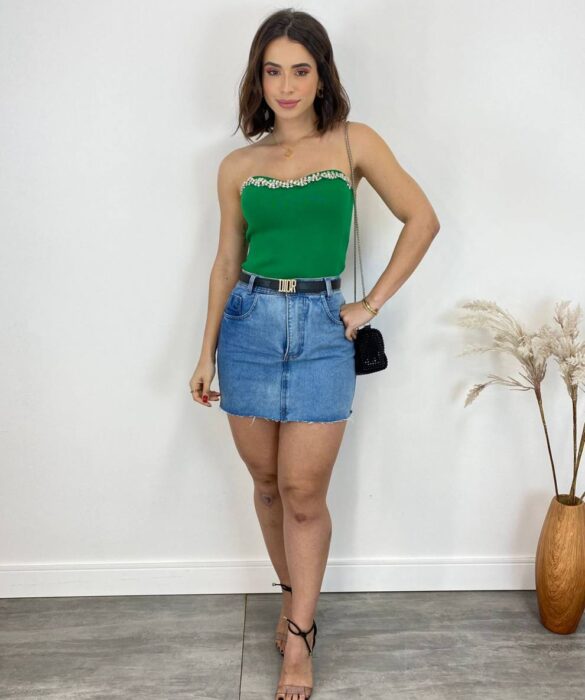 Cropped Feminino Modal Tomara que Caia com Aplicações Verde - Fernanda Ramos Store