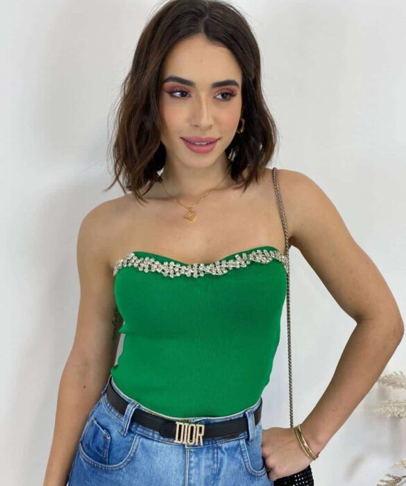 Cropped Feminino Modal Tomara que Caia com Aplicações Verde - Fernanda Ramos Store