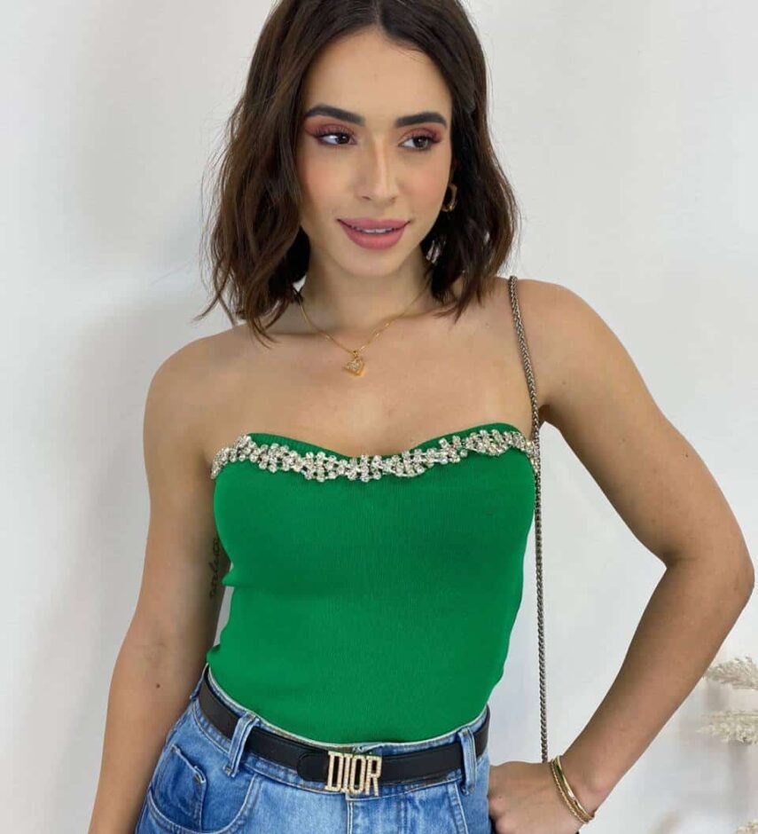 Cropped Feminino Modal Tomara que Caia com Aplicações Verde - Fernanda Ramos Store