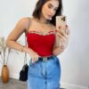 Cropped Feminino Modal Tomara que Caia com Aplicações Vermelho - Fernanda Ramos Store