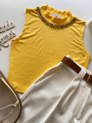 Cropped Feminino Canelado Detalhe em Aplicações Amarelo - Fernanda Ramos Store