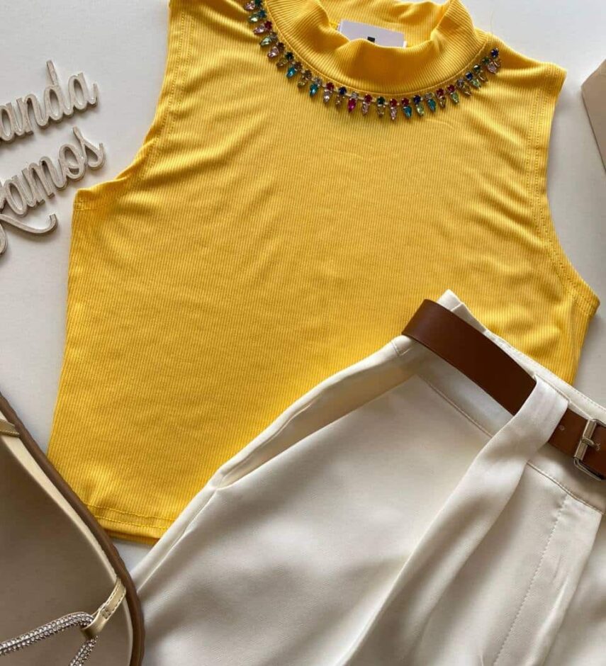 Cropped Feminino Canelado Detalhe em Aplicações Amarelo - Fernanda Ramos Store