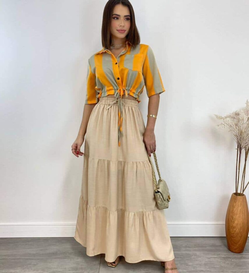 Cropped Feminino sem Bojo Listrado Laranja com Amarração - Fernanda Ramos Store