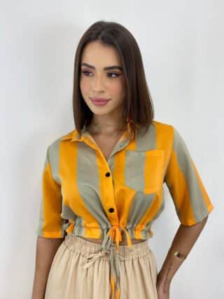 Cropped Feminino sem Bojo Listrado Laranja com Amarração - Fernanda Ramos Store