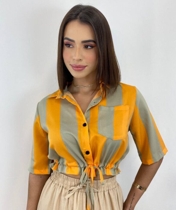 Cropped Feminino sem Bojo Listrado Laranja com Amarração - Fernanda Ramos Store