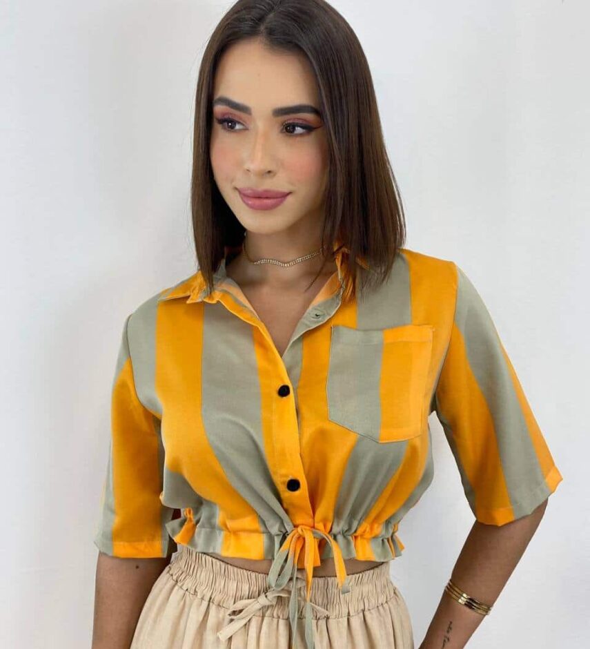 Cropped Feminino sem Bojo Listrado Laranja com Amarração - Fernanda Ramos Store