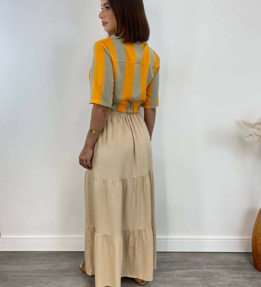 Cropped Feminino sem Bojo Listrado Laranja com Amarração - Fernanda Ramos Store