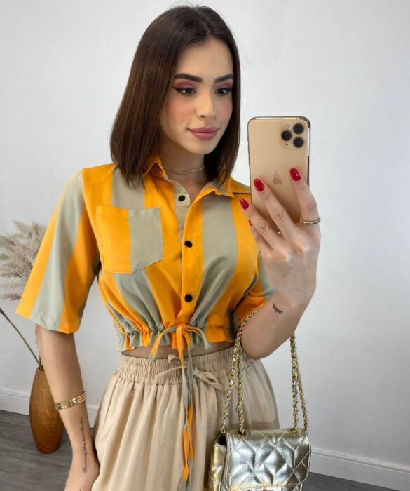 Cropped Feminino sem Bojo Listrado Laranja com Amarração - Fernanda Ramos Store