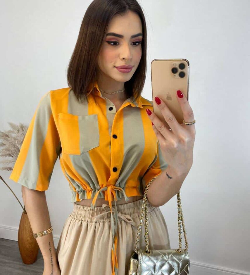 Cropped Feminino sem Bojo Listrado Laranja com Amarração - Fernanda Ramos Store