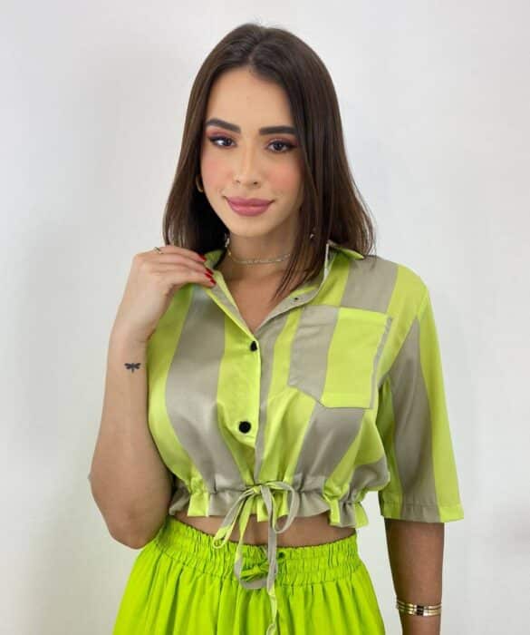 Cropped Feminino sem Bojo Listrado Verde Lima com Amarração - Fernanda Ramos Store