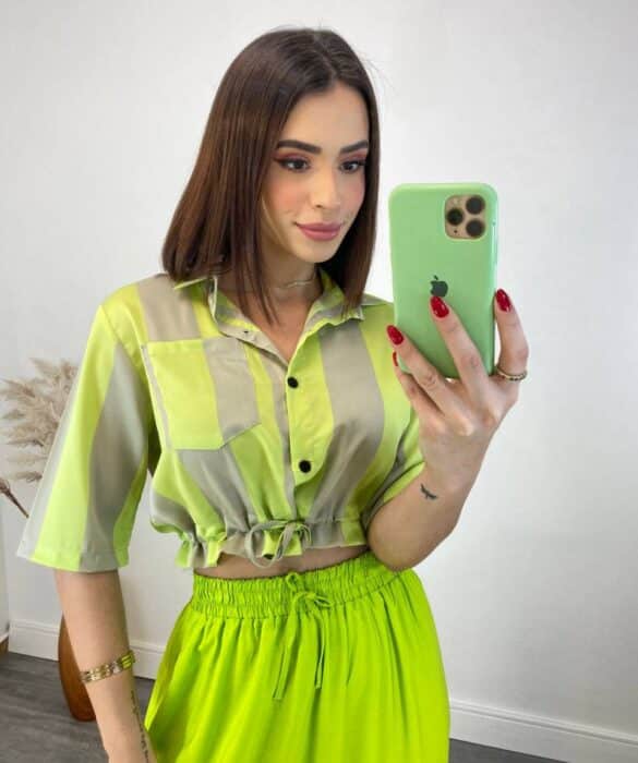 Cropped Feminino sem Bojo Listrado Verde Lima com Amarração - Fernanda Ramos Store