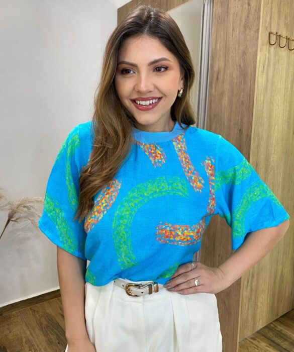 Cropped Feminino sem Bojo Luisa Estampado Azul - Fernanda Ramos Store