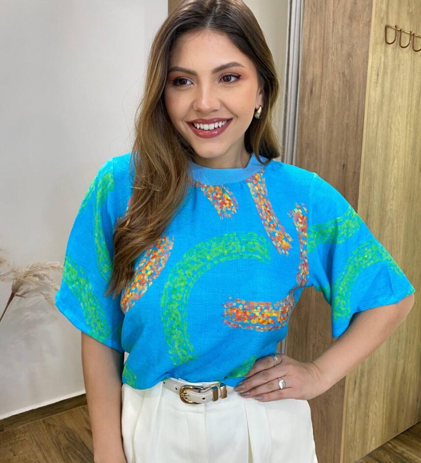 Cropped Feminino sem Bojo Luisa Estampado Azul - Fernanda Ramos Store