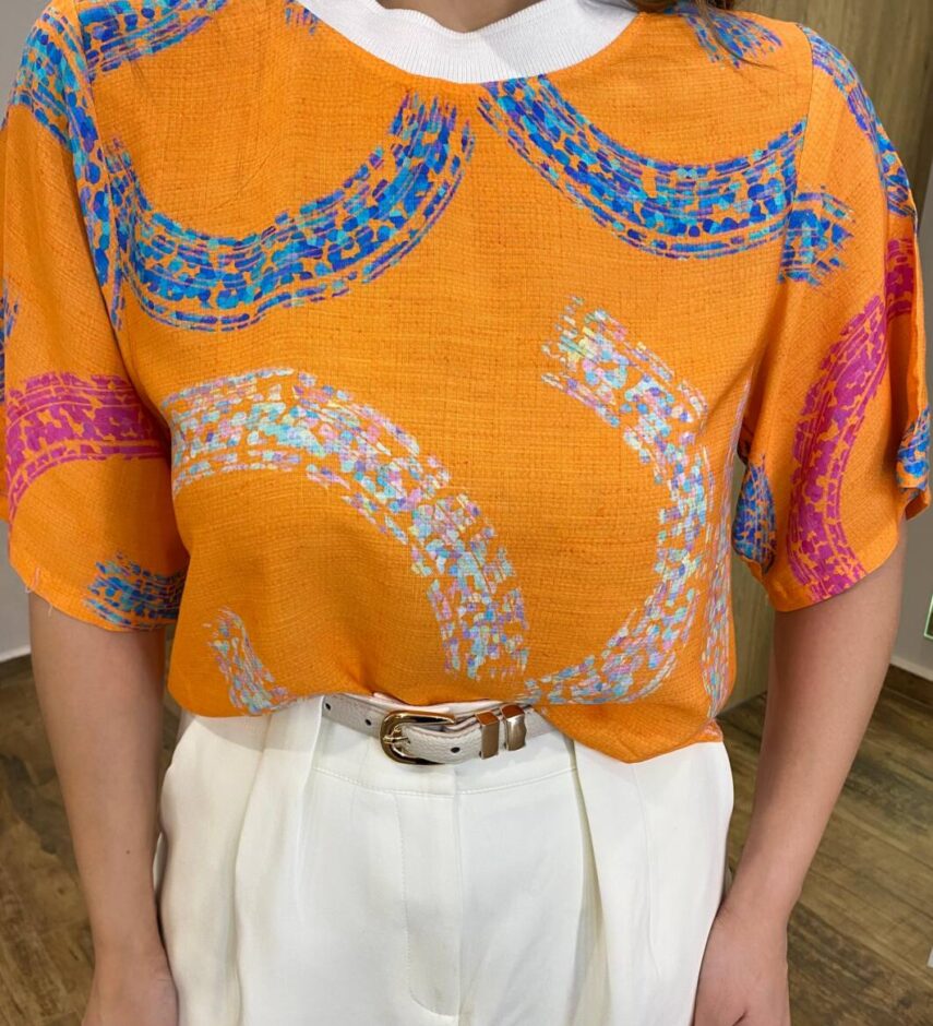 Cropped Feminino sem Bojo Luisa Estampado Laranja - Fernanda Ramos Store