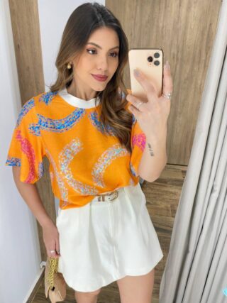 Cropped Feminino sem Bojo Luisa Estampado Laranja - Fernanda Ramos Store