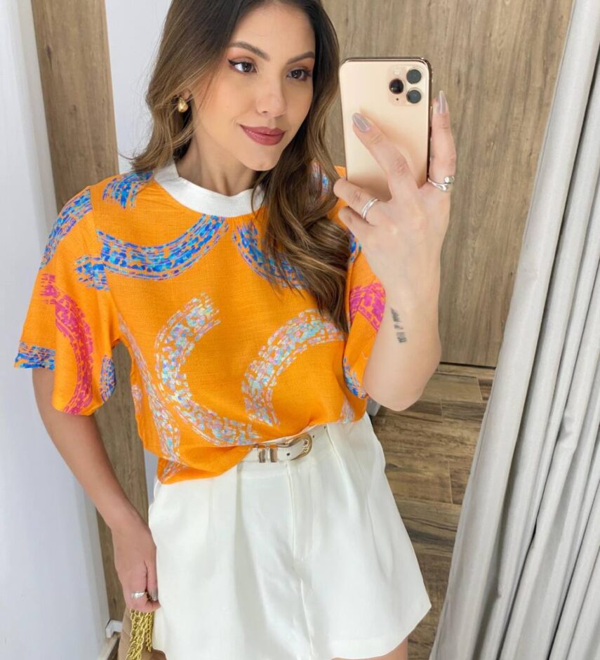 Cropped Feminino sem Bojo Luisa Estampado Laranja - Fernanda Ramos Store