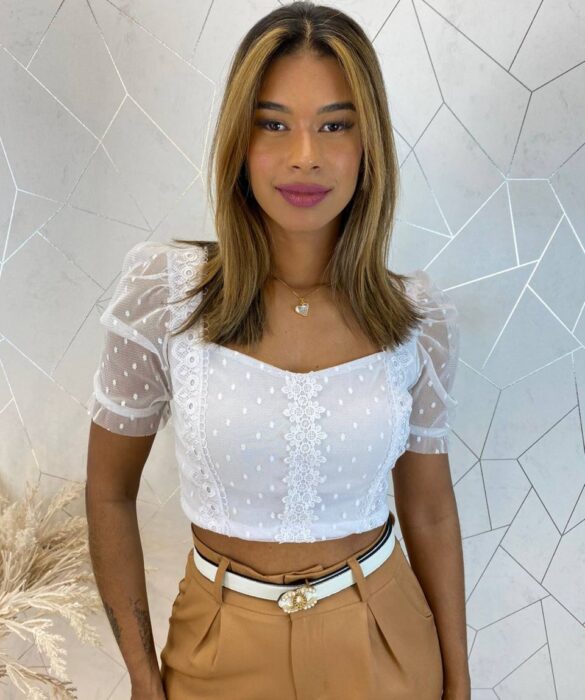 Cropped Feminino sem Bojo Tule com Guipir Branco - Fernanda Ramos Store